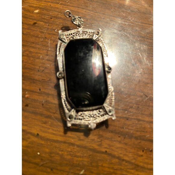 Art Deco Filigree Locket Frame w/ Black Onyx Stone | TESTED STERLING Silver Pend - Picture 6 of 7